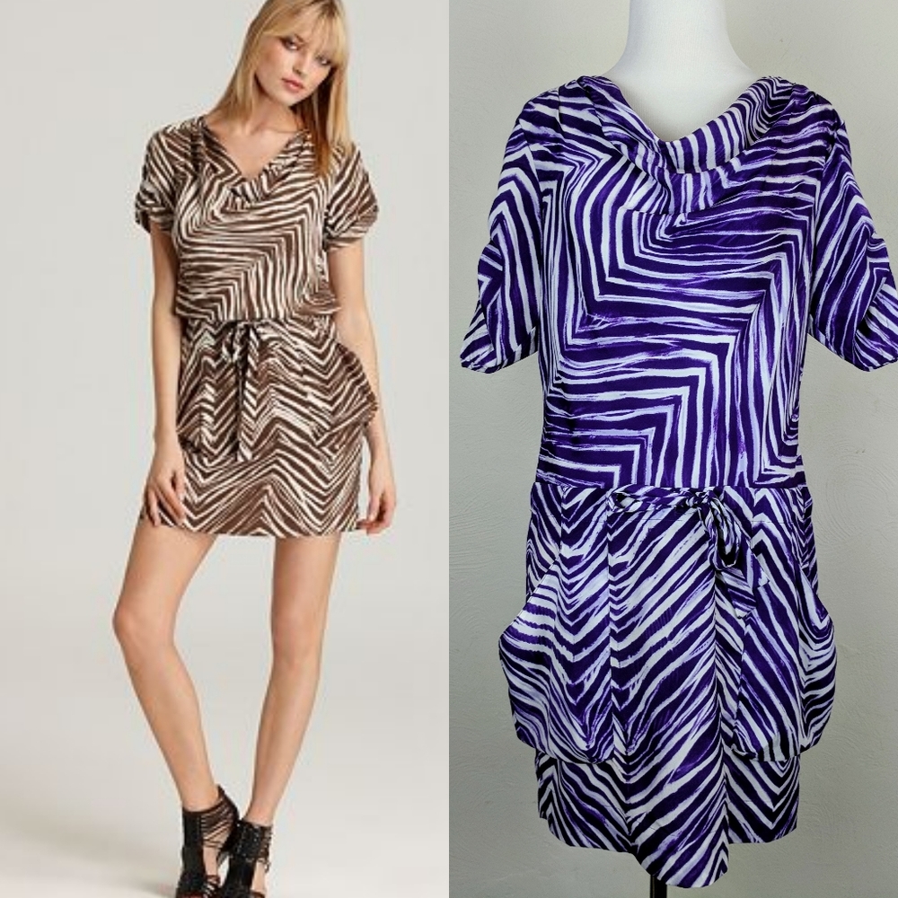 BCBGMaxAzria Dress Ayshea Purple White Zebra Cowl Pockets Y2K Boho